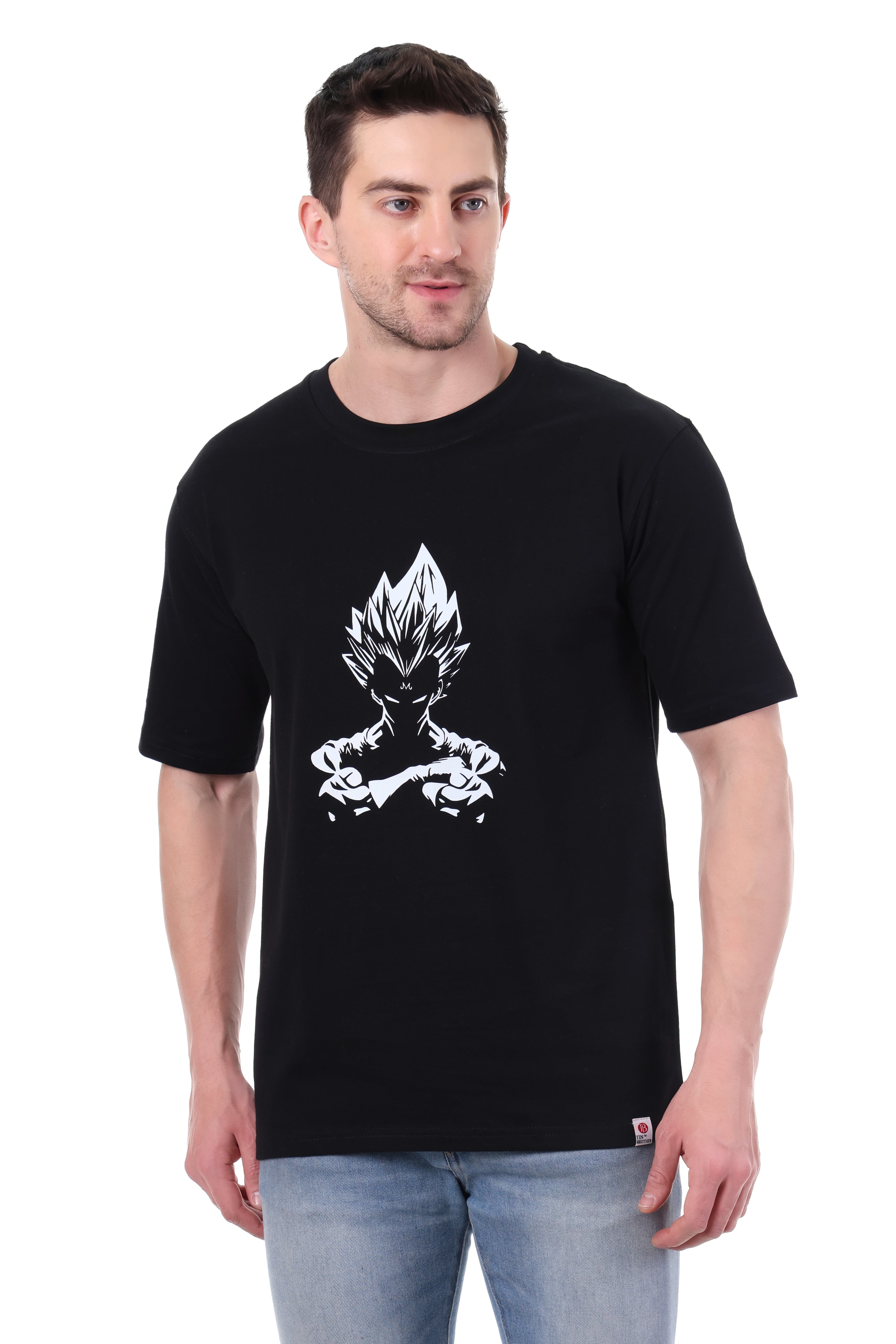 Front view of Tin Brother VEGETA graphic oversized t-shirt in black – unisex cotton tee